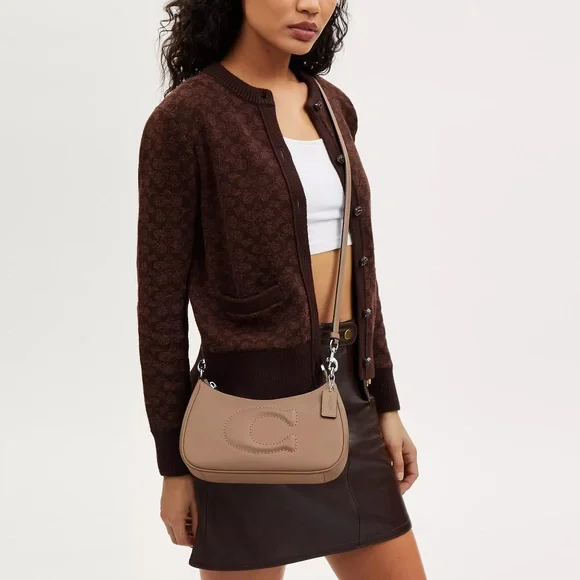 Coach Teri Silver/Taupe/Beige Smooth Leather Shoulder Crossbody Bag CR099 NWOT - Picture 2 of 16